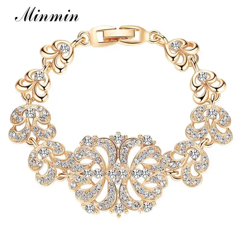Minmin свадебные браслеты золотого цвета для женщин, модные браслеты с цветами и кристаллами для вечеринки, выпускного вечера, ювелирные браслеты, рождественские подарки SL040