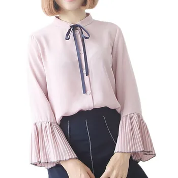 

long flare sleeve bow tie bandage blouse ruffles chiffon solid elegant women's shirt small stand single line buttons new blusas