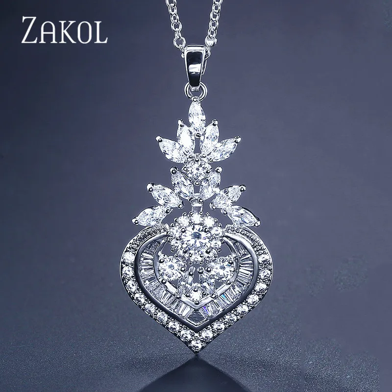 ZAKOL, 3 цвета, Роскошная большая огранка маркизы, Блестящий CZ цирконий, цветок, подвеска и ожерелья для женщин, свадебные украшения для невесты, FSNP2033