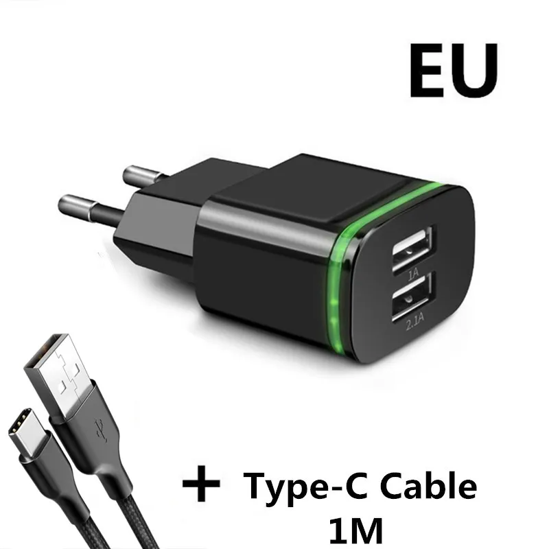 Black Type C Cable Хорошее ЕС/США штекер 5 В/2.1A настенное зарядное устройство двойной 2 порта USB СВЕТОДИОДНЫЙ светильник адаптер питания для быстрой зарядки Высокое качество телефон USB быстрое зарядное устройство - Тип штекера: Black Type C Cable