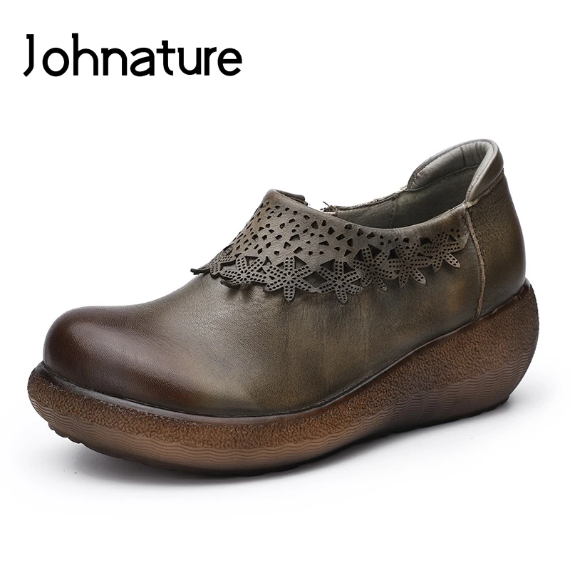 

Johnature Genuine Leather Platform Heels Pumps Women Shoes Round Toe Wedges Casual Retro 2019 New Autumn Zip Ladies Shoes