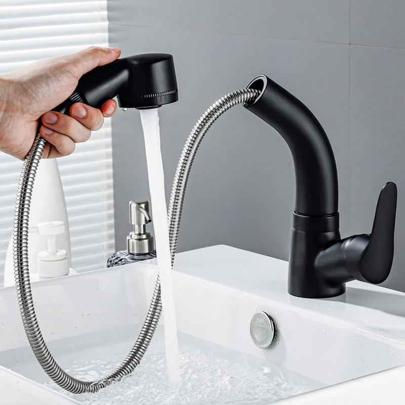 Bathroom Faucet Basin Faucet Shinesia Matte Black Pull Out Spout Rotatable Liftable Body Deck Mounted Hot and Cold Water Mixer Tap