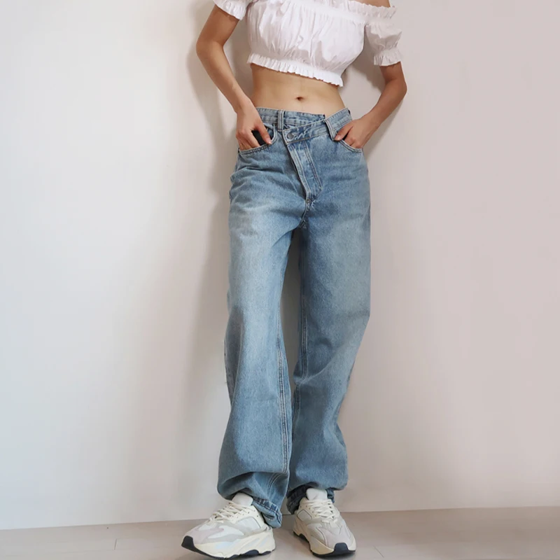 Women Asymmetric Fly Jeans With Button 