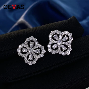 

OEVAS 100% 925 Sterling Sparkling Full High Carbon Diamond Hollow Out Four Leaf Clover Stud Earrings For Women Fine Jewelry Gift