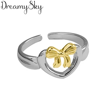 

Vintage Real Pure 925 Sterling Silver Heart Bow Rings for Women Wedding Big Open Finger Ring Anillos Anelli