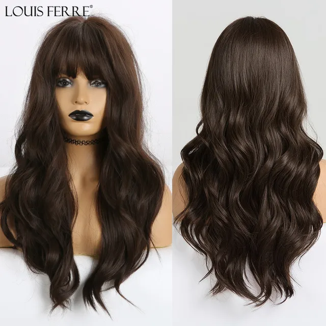 LOUIS FERRE Highlight Colored Wig for Women Long Wave Brown Blonde Ombre Bob Hair Wig with Bangs Daily Heat Resistant Fibre wig lc226-2