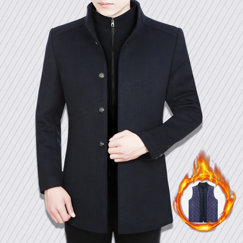 men's winter coat wool warm Single-breasted collar gray dark blue wine red cashmere Classic men's top clothes