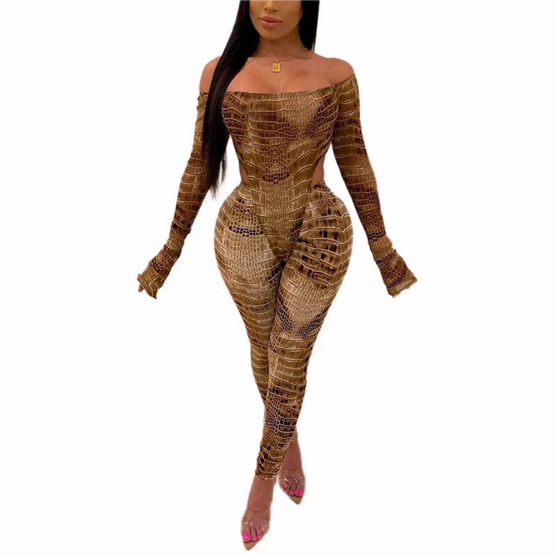 

2020 2Pcs Women Set Long Sleeve Off Shoulder Animal Printed Bodysuit Tops Pants Sets Jumpsuit Womens Clothing Clubwear Outfits
