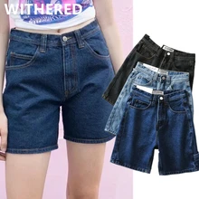 

Withered 2020 summer denim shorts women england high street loose cargo high waist denim mom shorts feminino bermuda women short