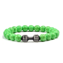Natural Stone Energy Bracelet with Barbell Charm - Versatile Jewelry Gift for Couples and Fitness Enthusiasts (Green)