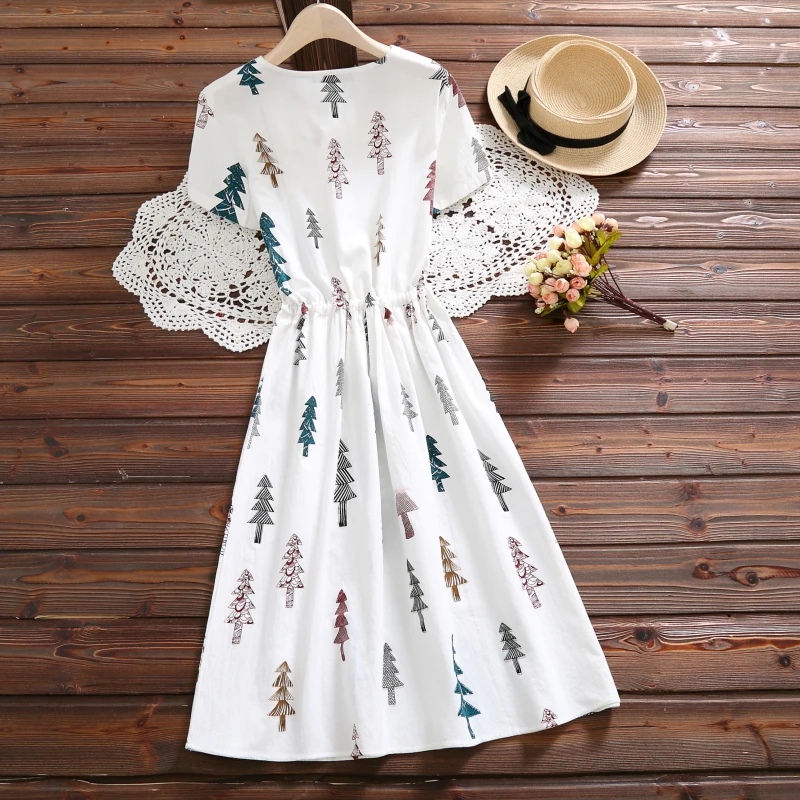 Летнее винтажное платье из хлопка и льна, женское Повседневное платье с круглым вырезом и принтом дерева, свободное платье с коротким рукавом, новая мода 4616 50