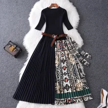 Новинка, высококачественное осенне-зимнее женское вязаное шифоновое лоскутное гофрированное Платье с принтом, элегантное вечернее платье, одежда, свободный пояс