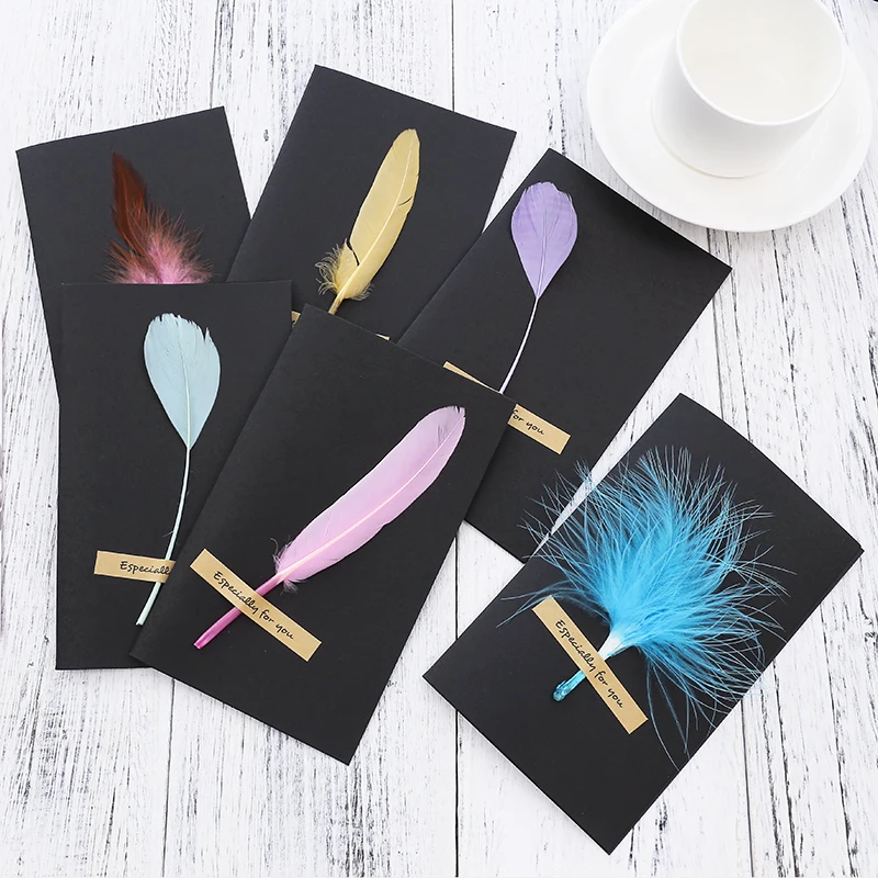 Black High-grade Stereoscopic card envelope 1pc True feathers greeting card invitation holding thanks you cards kawaii
