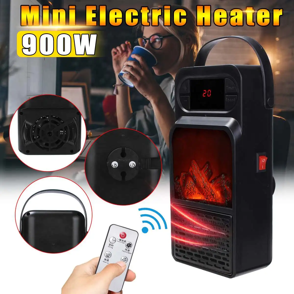 

900W Adjustable Thermostat Wall-outlet Flame-Heater Portable mini heate With digital display PTC Heating Stove Radiator Silent
