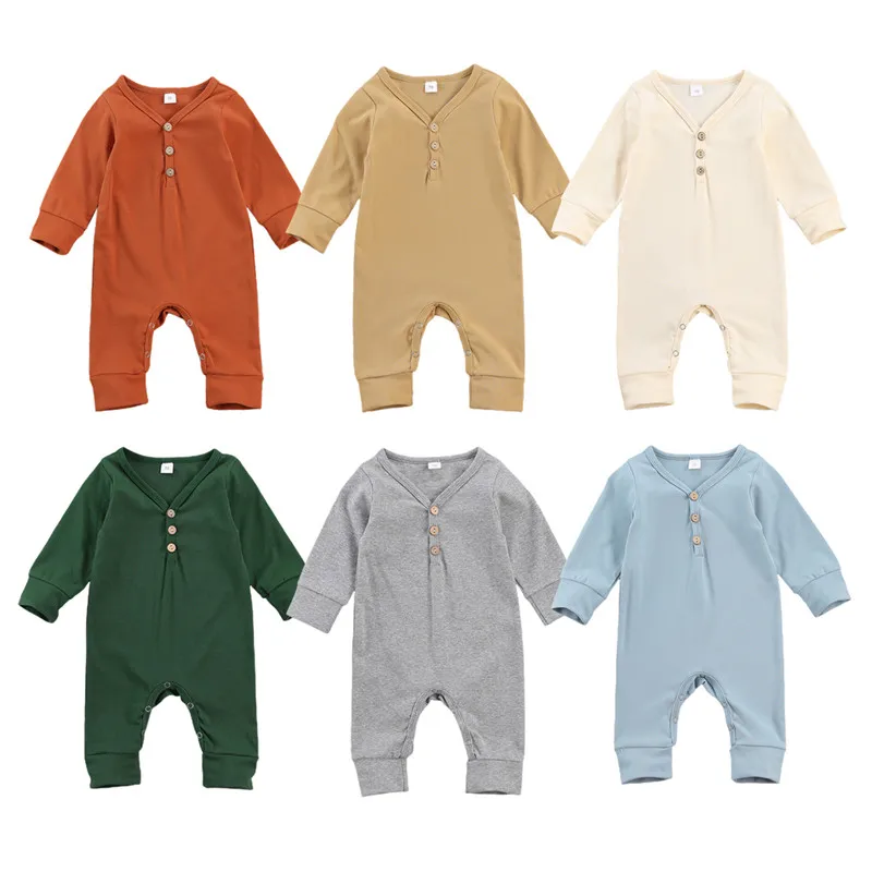 

Newborn One-Pieces Set 2020 Baby Long Sleeve Rompers Fresh Solid Button Long Pants Autumn Fall Baby Girl Boy Clothing