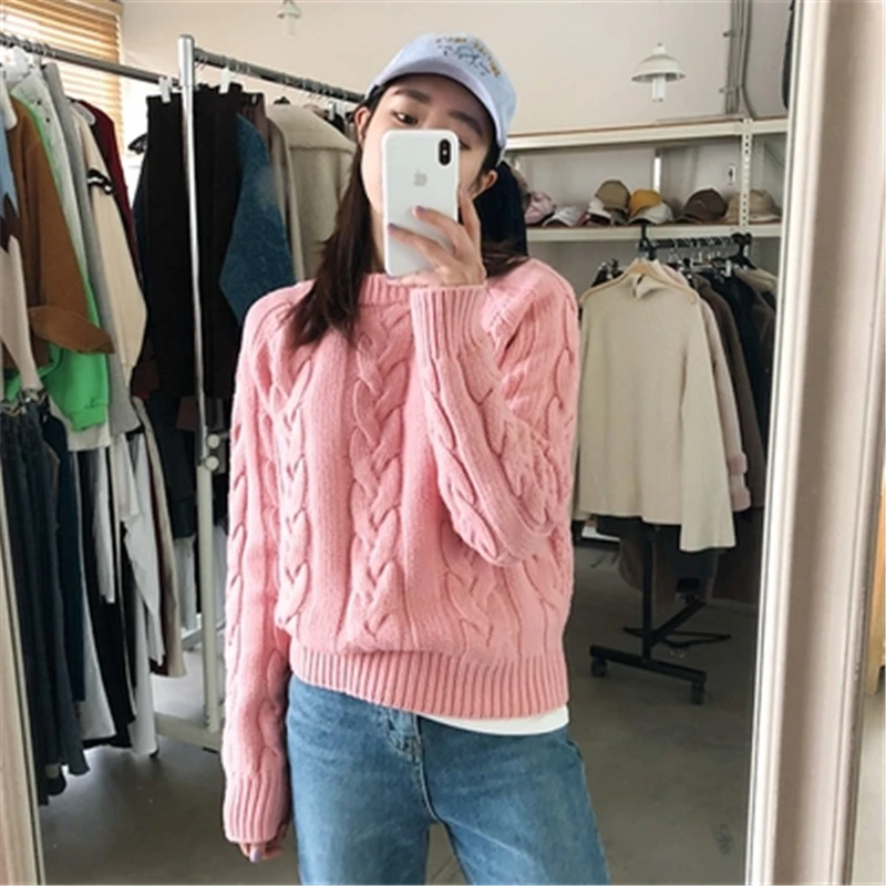 

Sweater Women Top New Retro Solid Color Round Neck Twist Knitted Short Pullover Korean Sweet Style Thick Cropped Jumper Winter