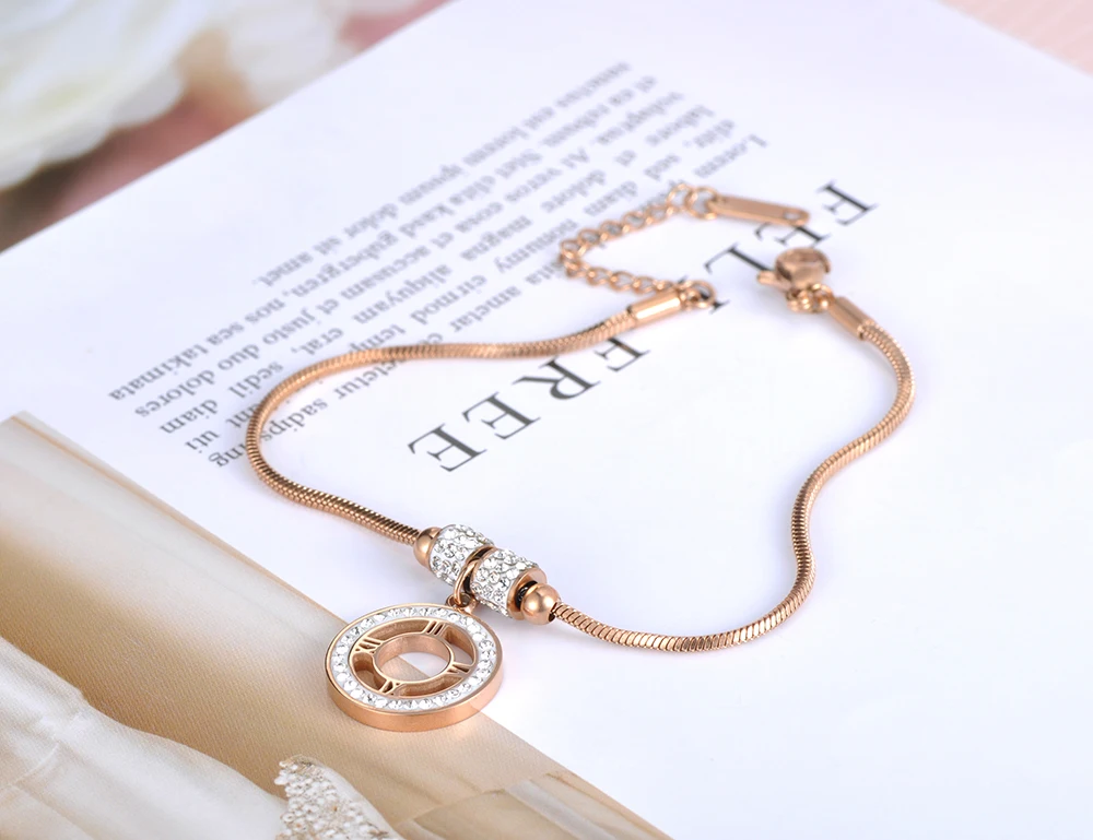 Lokaer дизайн CZ Кристалл римские цифры шарм браслеты ювелирные изделия для женщин розовое золото браслет из нержавеющей стали B19097