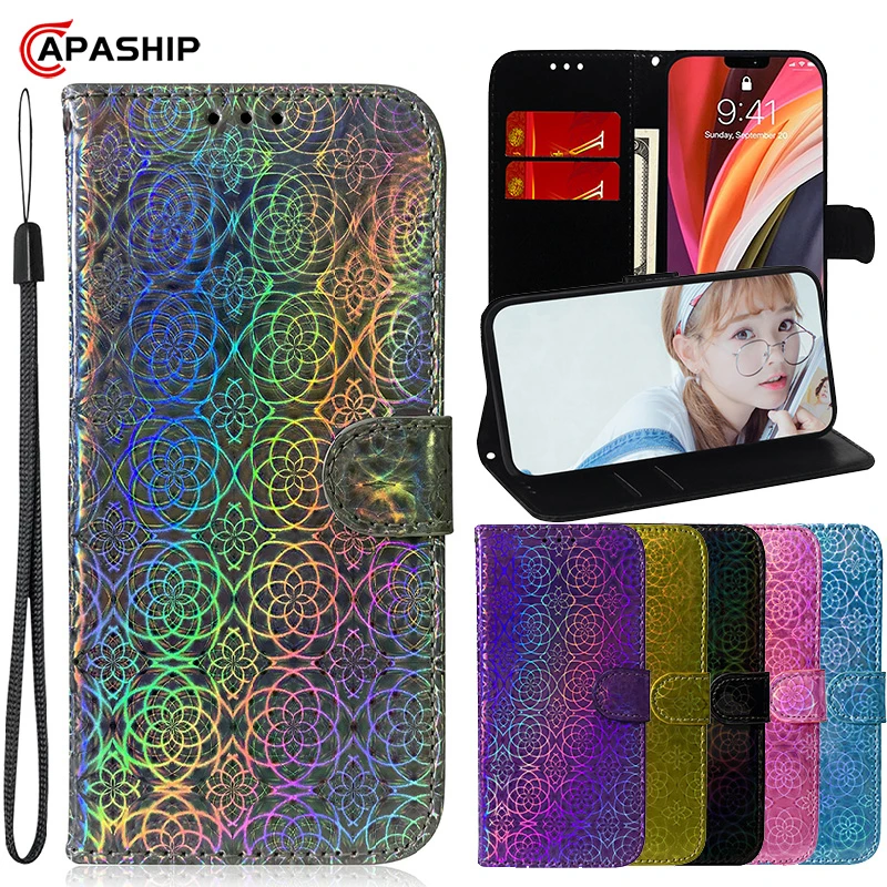 Кожаный чехол-бумажник лазерного цвета для Samsung J3 J5 2017 J330 J530 J4 J6 Prime A6 Plus A7 A9 2018 M11 M21