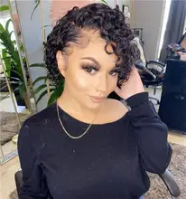 Pelucas de encaje frontal de corte pixie Bob, 150, 180, 250%, rizado, cabello humano con cierre de encaje Remy prearrancado
