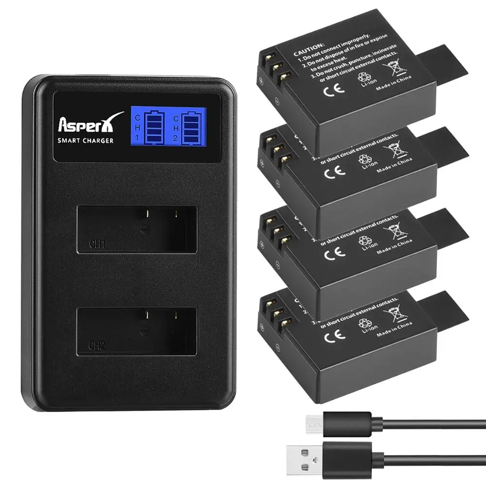 4 аккумулятора для экшн камеры + двойное зарядное устройство USB с ЖК дисплеем