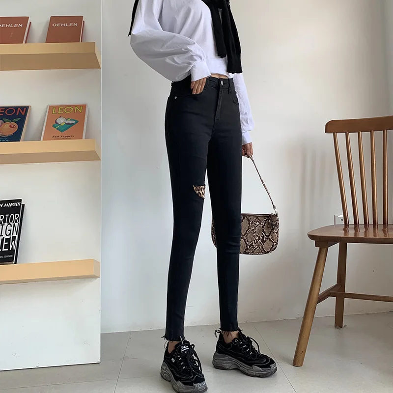 Black Черные женские теплые джинсы с леопардовым принтом, модные зимние плотные бархатные обтягивающие рваные брюки-карандаш, женские джинсовые брюки с высокой талией - Цвет: Black