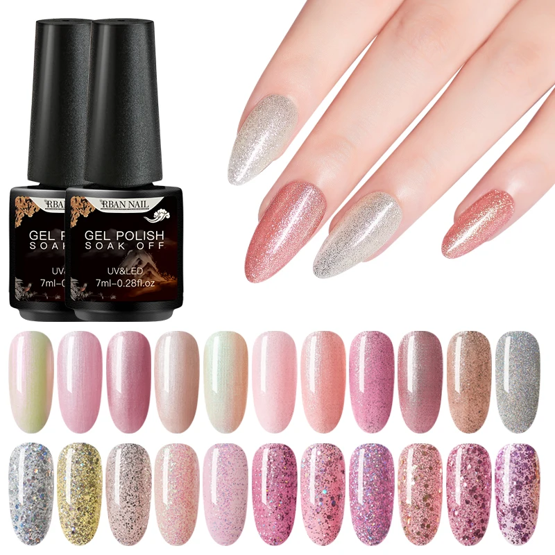 RBAN NAIL 7ml UV Gel Nail Polish Holograph Glitter Sequin Soak Off UV Gel Varnish Color Nail Gel Polish DIY Nail Art Gel Lacquer