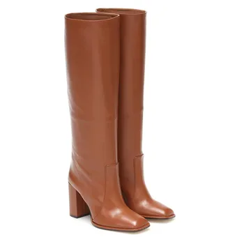 

Brand Style Catwalk Leather Women Boots Square Toe Knee-High Ladies Shoes 2020 New Fall Winter Thick High Heels 9.5cm Size 34-43