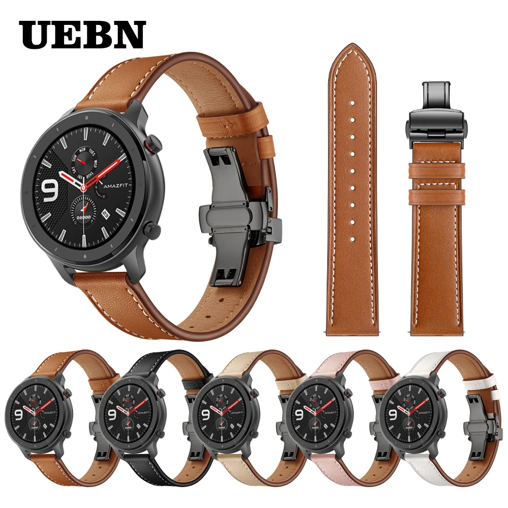 Ремешок UEBN для часов Xiaomi huami amazfit GTR 42 47 мм кожаный черный браслет с застежкой