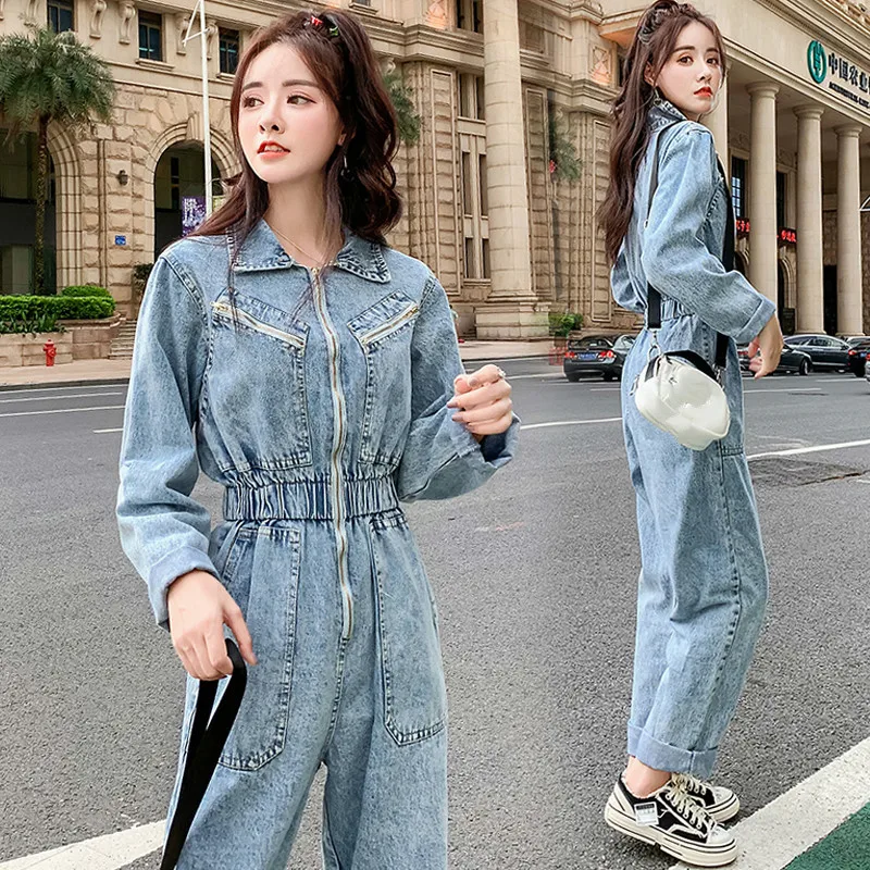 Fashion Zipper Jeans Women Jumpsuit Long Elastic High Waist Ladies Rompers Streetwear Pocket Sleeve Denim Overalls Female | Женская