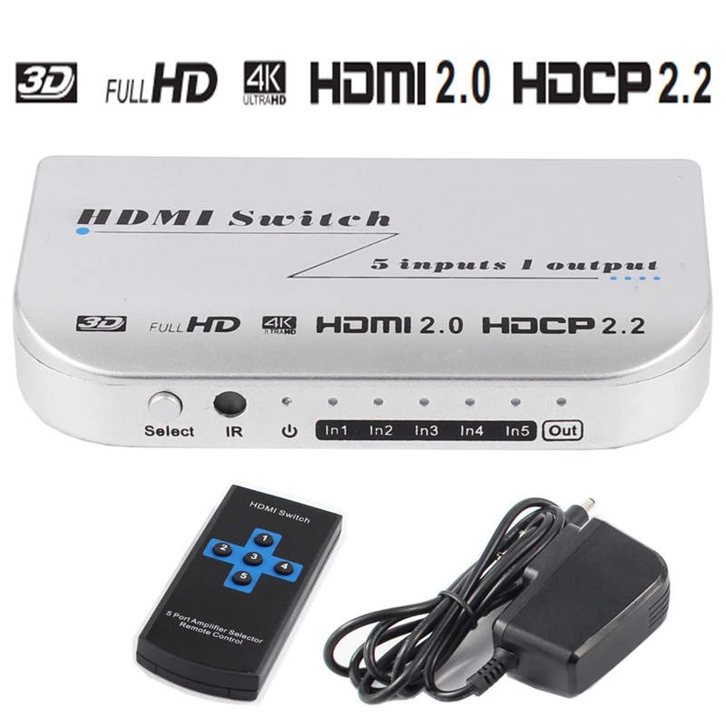 Hdmi переключатель 5X1 4Kx2K @ 60Hz Hdmi 2,0 переключатель Hdr Hdcp 2,2 с ИК беспроводным пультом дистанционного управления и адаптером питания Full Hd 1080P