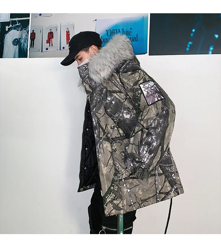 Yi dao Vintage Winter New Style Trend Mixed Colors Camouflage MEN'S Coat Japanese-style Loose Thick Fur Collar Versatile Cotton