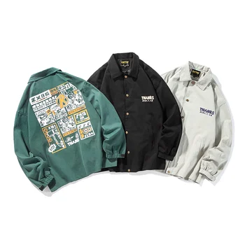 

Men Japan Style Streetwear Vintage Print Tooling Coat Male Spring Autumn Hip Hop Cargo Jacket Outerwear