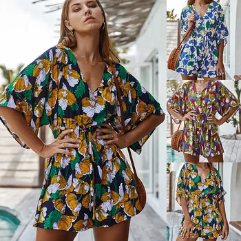 

Elegant Floral Print V-neck Sashes Playsuits 2020 Summer Women New Cotton Casual Loose Bat Sleeve Beach Holiday Romper Female