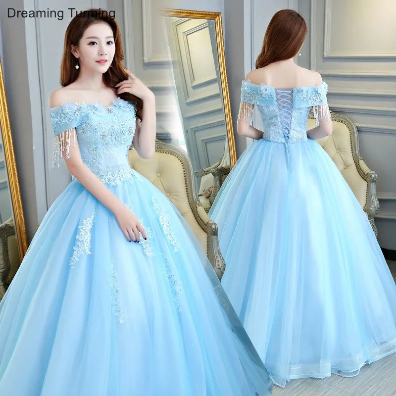 Светло-Небесно-голубое платье Vestidos De 15 Anos платья для бальное платье из тюлевой ткани элегантное женское вечернее платье официальная одежда Вечерние платья Новинка