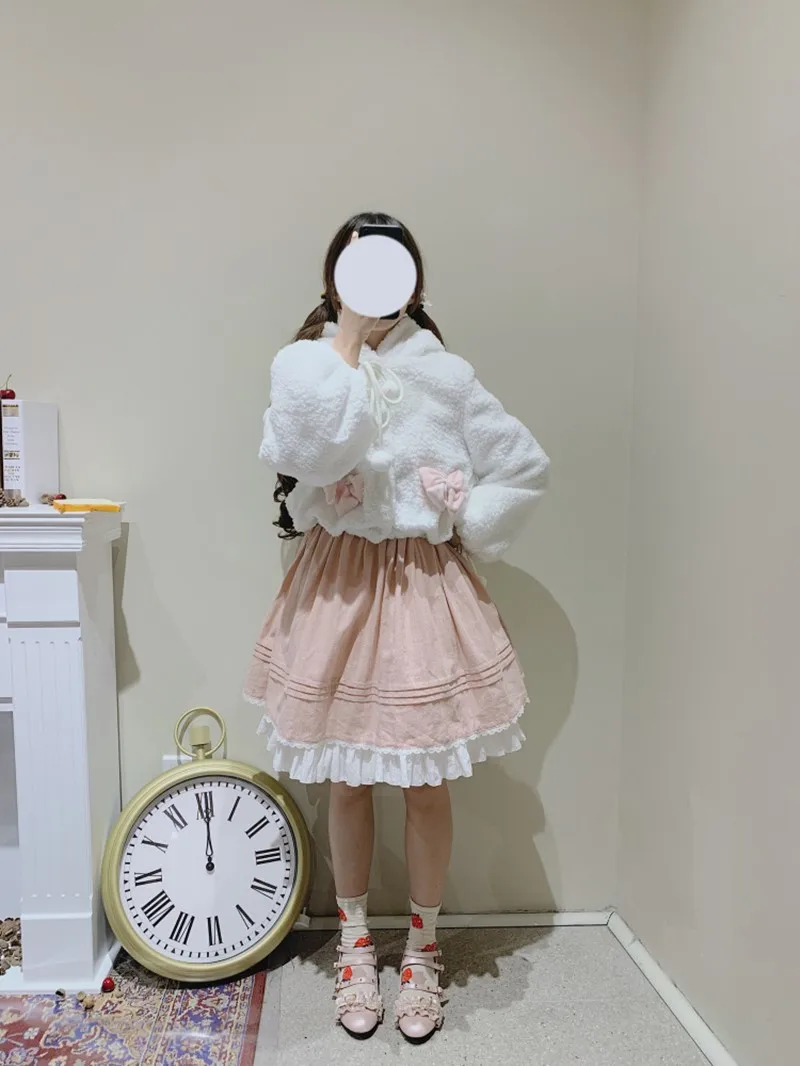 

Autumn winter japanese student sweet lolita coat cute rabbit ears bowknot keep warm gothic lolita coat kawaii girl loli cosplay
