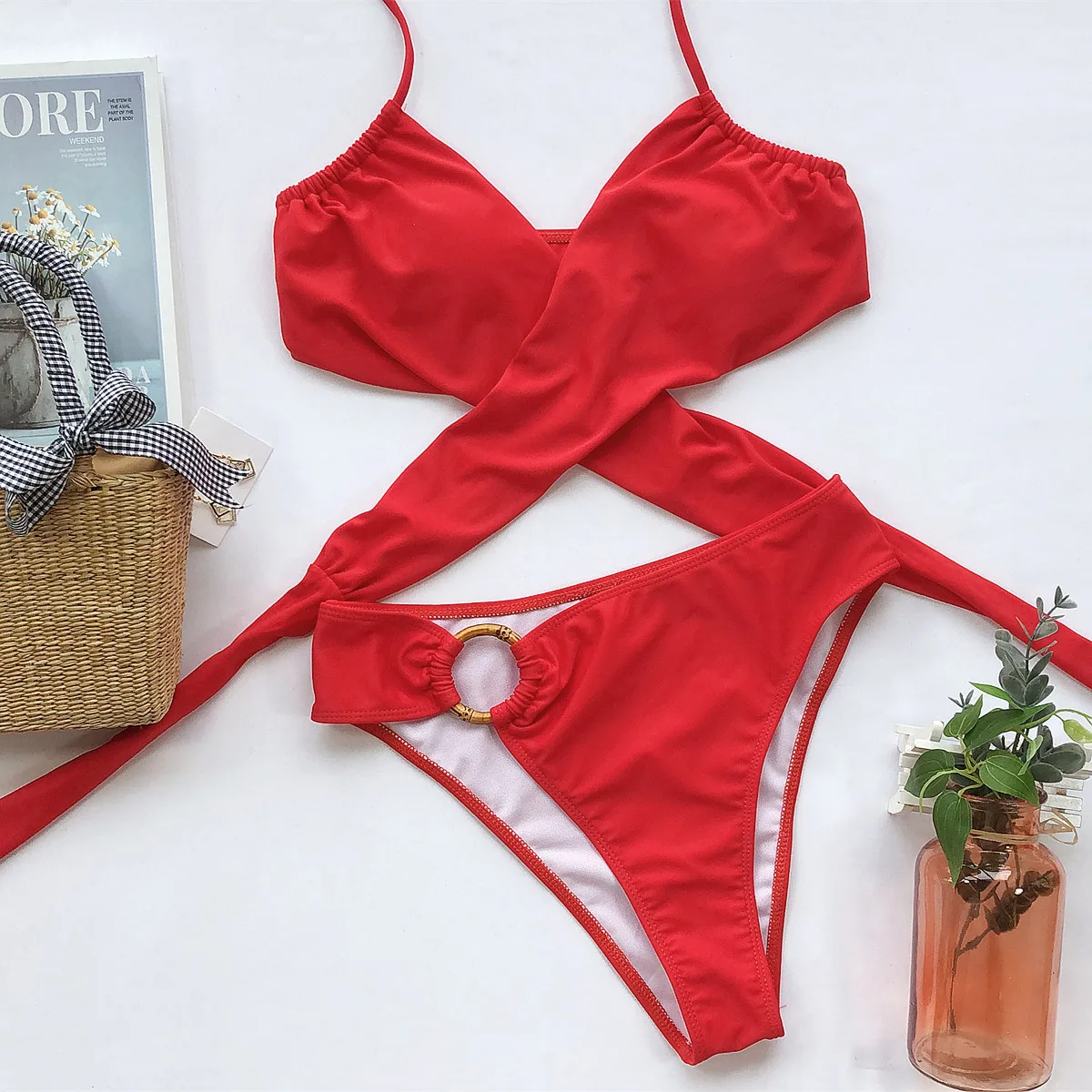 New Summer 2021 Women Split High Waist Bikini Biquini Two Piece Set Bathing Suit Red Swimwear bikini sets for women