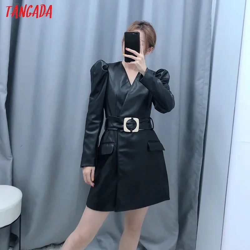Tangada женское элегантное черное платье из искусственной кожи с поясом и длинным рукавом винтажное женское офисное мини-платье vestidos BE103