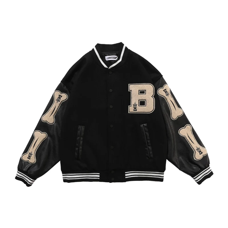 Mens Hip Hop Baseball Jacket Coats Embroidery Furry Bone Letter Patchwork Optional Harajuku College Bomber Coat Men Oversize