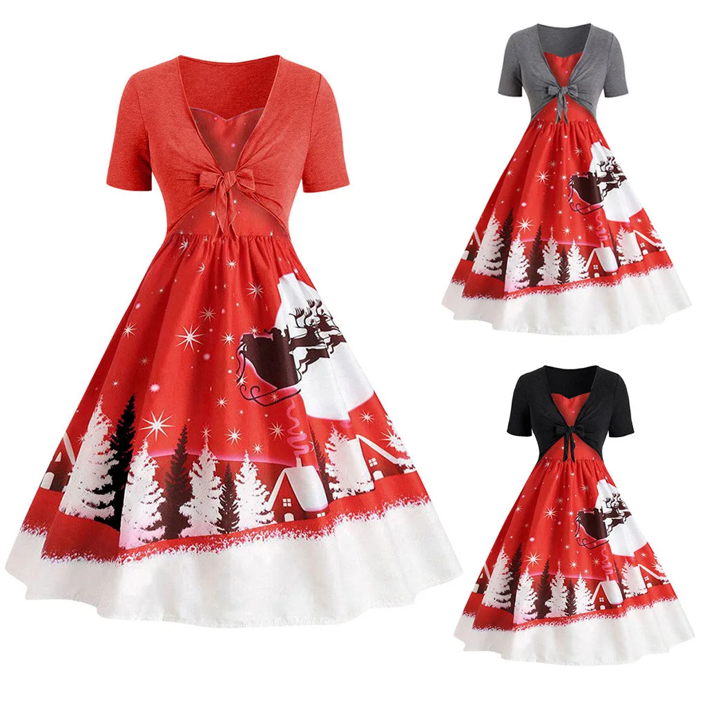 Autumn Elegant high waist dresses Christmas Printed Dress For Women Vintage Short Sleeve Bow Knot A-Line Swing Dress Suit