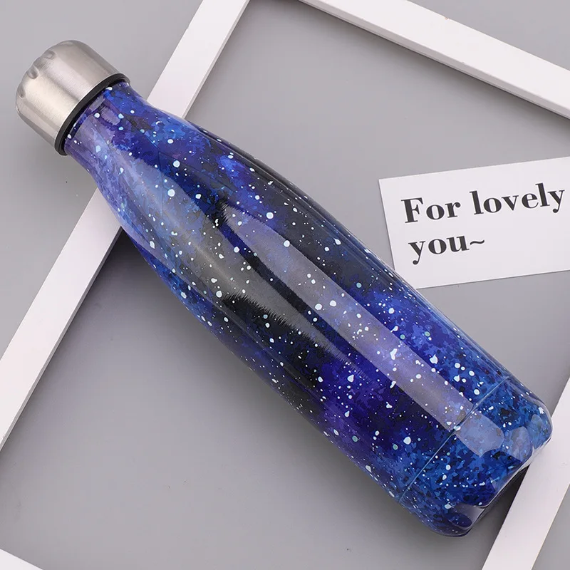 Звездное небо, цветок, стеклянная бутылка для воды, размер 500 мл, настенный двойной шар из нержавеющей стали, пустая Изолированная бутылка для напитков, спортивная чашка - Цвет: g