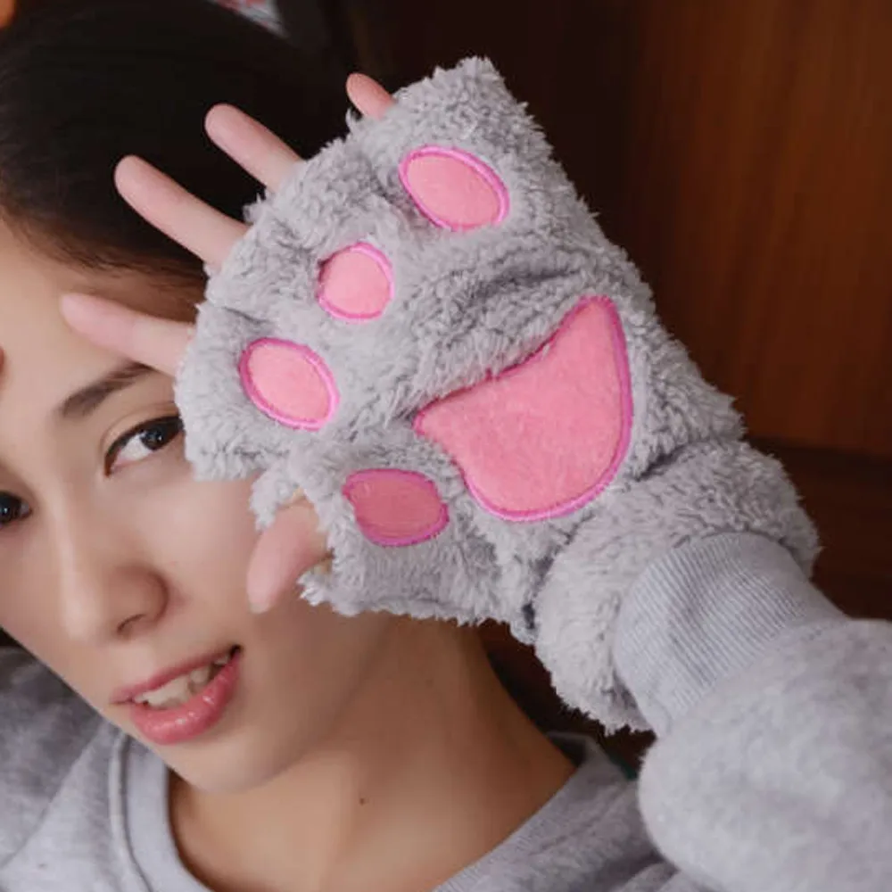 1 пара милых плюшевых перчаток в виде кошачьей лапы, женские зимние перчатки на запястье, теплые вязаные перчатки с клавиатурой, длинные перчатки без пальцев, перчатки с сенсорным экраном F917