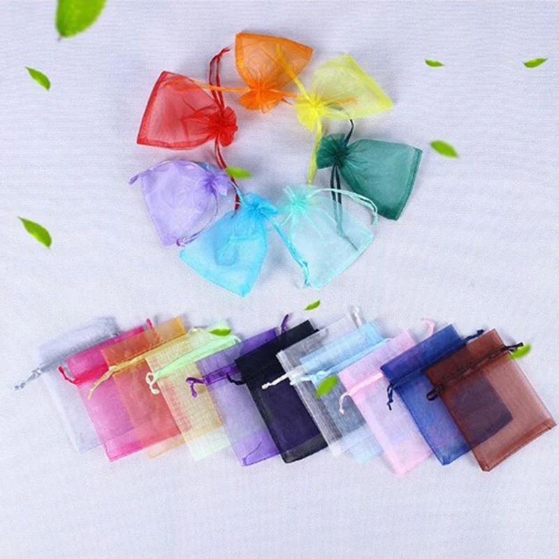 100pcs/lot organza Zsák ékszer Tüll húzózsinórral Zsák ékszer Csomagolás kijelző & ékszer pouches esküvői Adomány