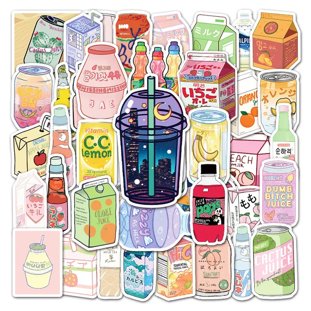 50PCS Cute Drink Anime Stickers Aesthetic Kawaii Laptop Guitar Luggage Fridge Phone Graffiti Sticker Decal Kid Classic Toys Drink 50PCS