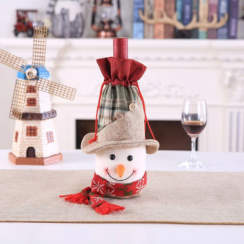 Рождественские украшения для бутылки вина, наборы, снеговик, Санта Клаус, лось, завязанные креативные карманы, наборы для новогодних, вечерние, украшения для ужина - Цвет: Snowman