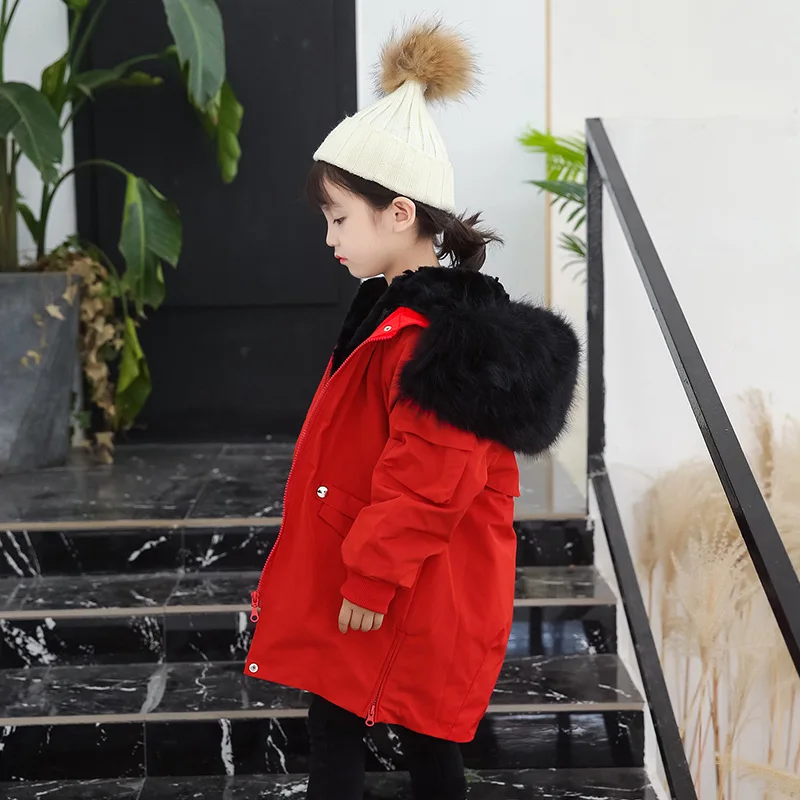 Dollplus/ 30 градусов Детское пальто теплое с капюшоном натуральным мехом для девочек