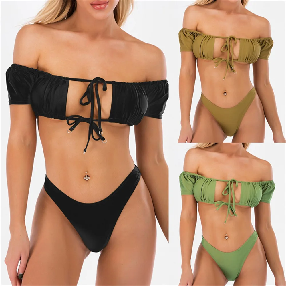 

Sexy Wrapped Swimsuit with Drawstring Women Solid Color Bandeau Swimwear Lace-up Two-piece Bikini Set Beach Bathing Suit Tankini