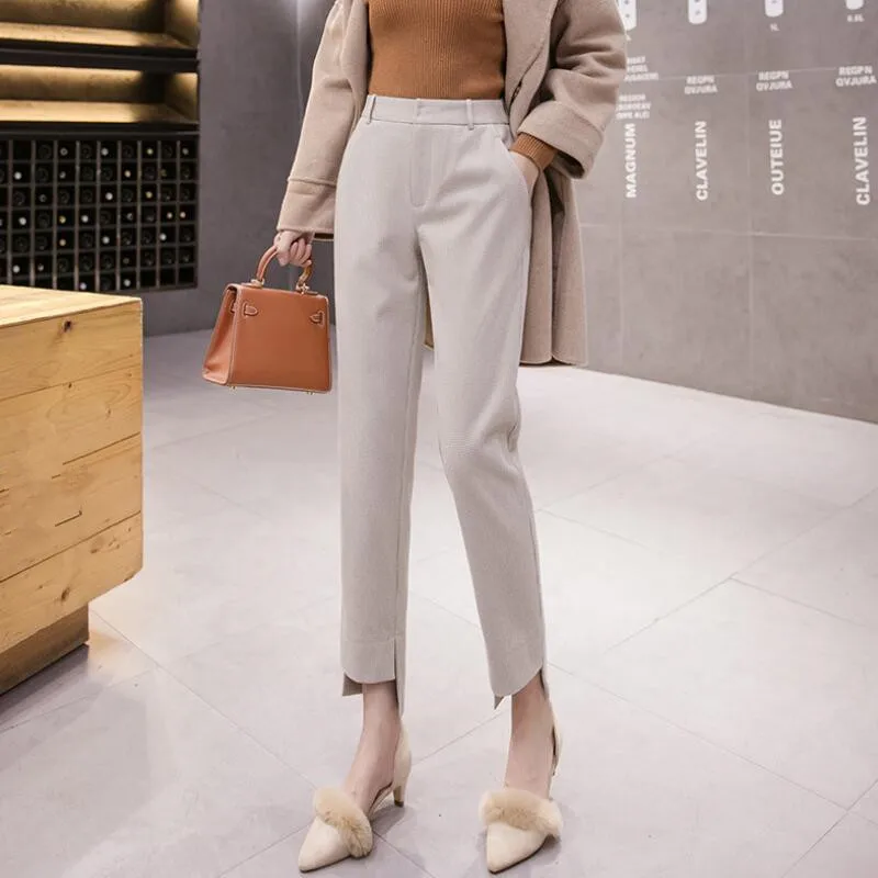 

Woolen Plaid Suit Pants Women Autumn Winter 2020 New High Waist Straight Harem Pants Houndstooth Pants Female S592