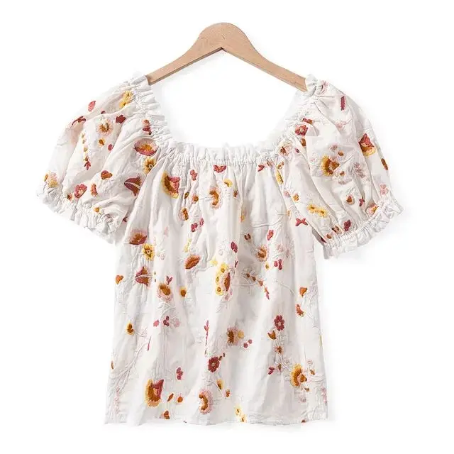 

Women Shirt 2019 Spring and Summer New Embroidery Romantic Strapless Cotton Top
