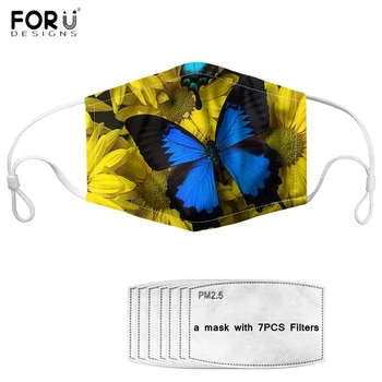 

FORUDESIGNS Washable Eco Face Masks with Filters Butterflies Sunflowers 3D Print Women Breathable Mouth Mask Elastic Mascaras