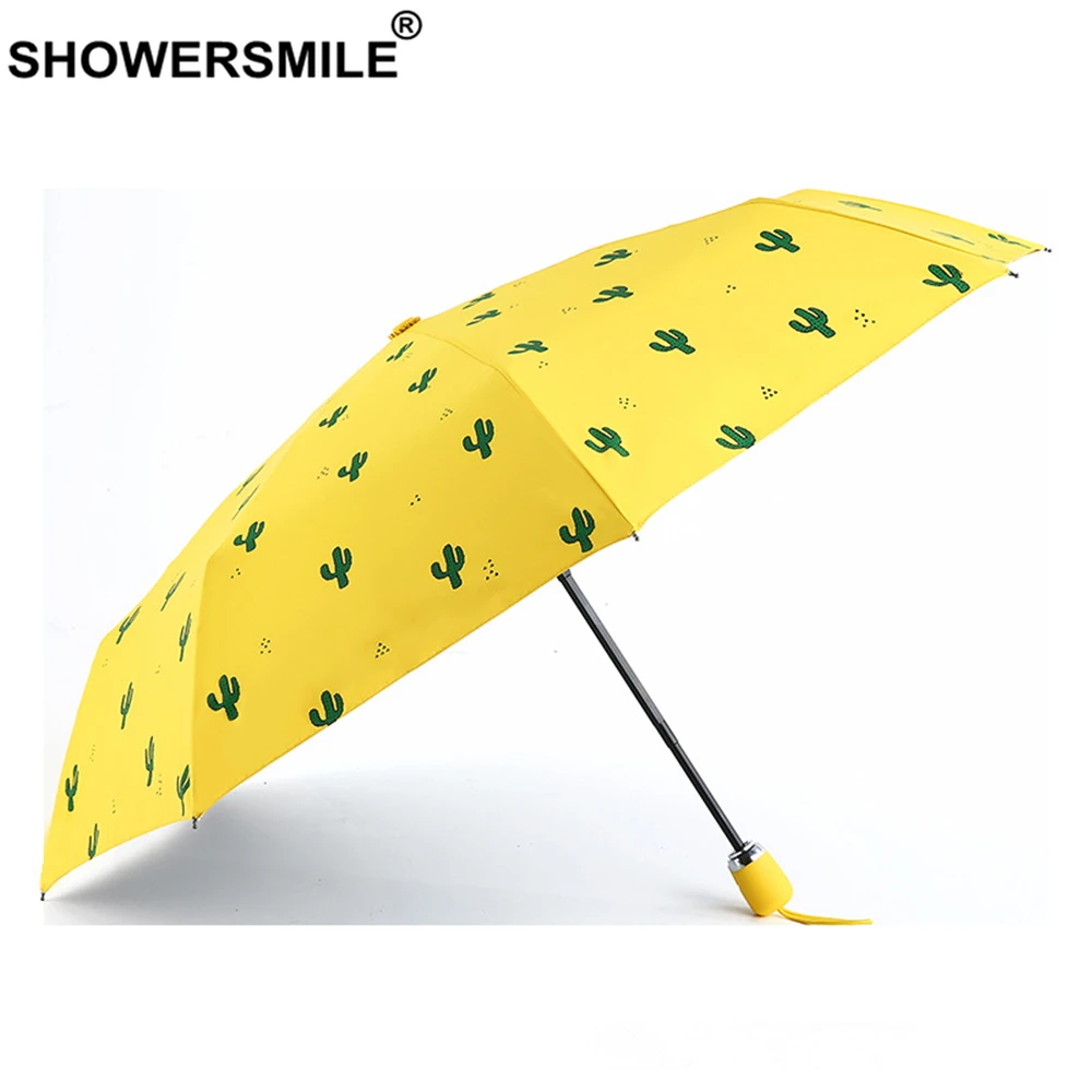 

SHOWERSMILE Uv Protection Parasol Yellow Cactus Print Waterproof Umbrella Automatic Black Coating Sun Rain Ladies Parapluie